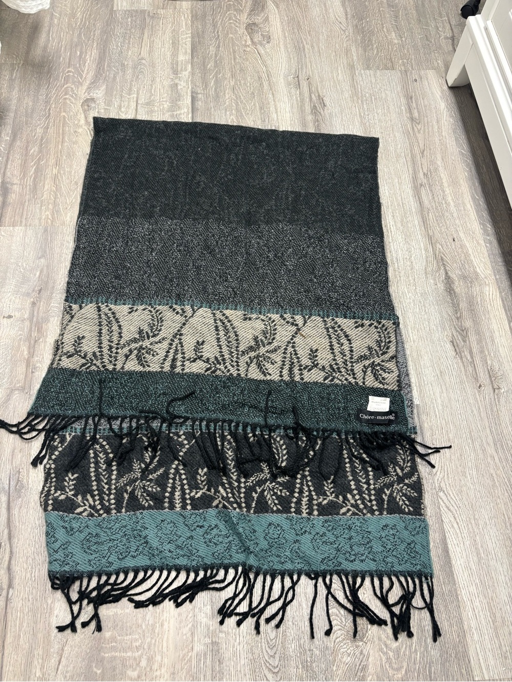 Wool blend Teal, Black & Cream Patterned Fringe scarf